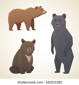 illustration with different bears isolated on white background. Vector cartoon broun and black bear