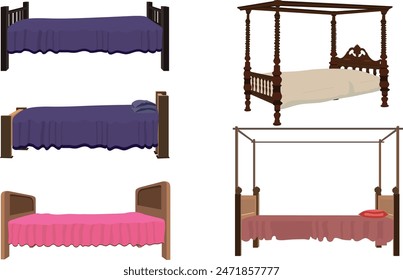 Illustration of different bed design. Rich house bed set collection. Indian style Bed design isolated on white background clipart vector art for 2d cartoon animation