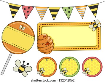 Ilustración de los diferentes elementos de diseño de Bee Party