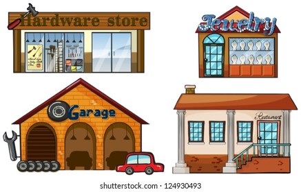 Illustration of different big stores on a white background