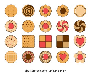 Illustration of different biscuits, colorful cake baking kit. A cake consisting of collectible delicious food biscuits. Eat biscuits, fresh cakes and sweet cakes.