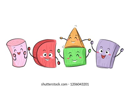 Illustration of Different Block Shapes Mascot from Cylinder, Semi Circle, Cone, Cube to Rectangular Prism. 3D Geometry