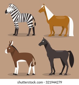 Illustration of different breeds of horses, zebras, ponies and a donkey
