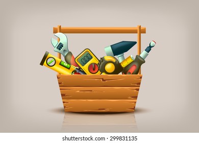 illustration of different builder tools in wooden box