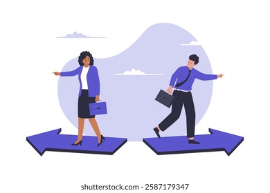 Illustration of different business direction. 2 business people choose different way. Illustrations for websites, landing pages, mobile apps, posters and banners