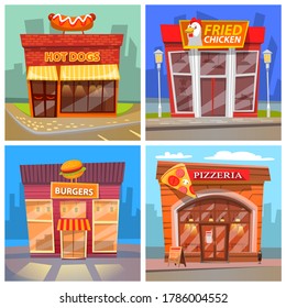 Illustration of the different cafe and restaurant facade buildings. View from the street, bright color showcase. Fried chicken, hot dogs, pizzeria, burgers. Catering establishment, fast food concept