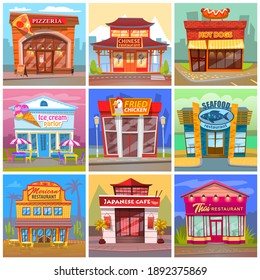 Illustration of the different cafe and restaurant facade buildings. View from the street, bright color showcase. Japanese and chineze, mexican, thai and seafood restaurant, ice cream, pizzeria