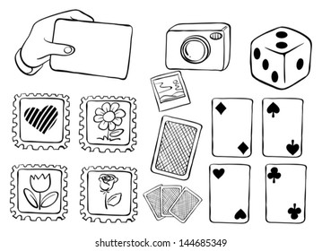 Ilustración de las diferentes tarjetas en el diseño de doodle sobre un fondo blanco