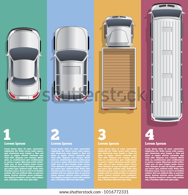 Illustration of different\
cars. View from above. Business brochure design template. Vector\
illustration.
