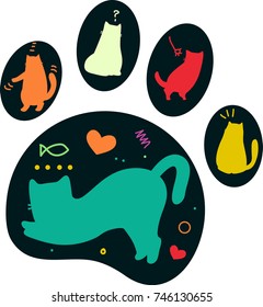 Illustration of Different Cat Poses in Different Colors Inside at Cat Paw Print