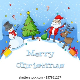 Illustration of the different christmas symbols at the hilltop covered with snow