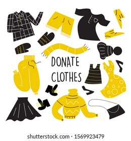 Illustration of different clothes for donation. Vector set. Charity day and social care concept. Second hand, flea market.