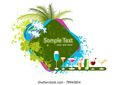 illustration of different cocktail drink on beach background with palm tree and grunge