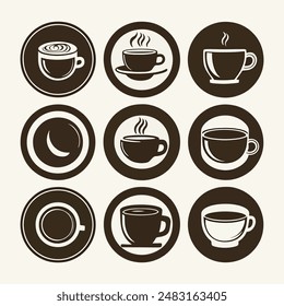 Illustration of different coffee cups, a French press, and a coffee pot in black and white on a grey background.