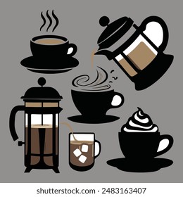 Illustration of different coffee cups, a French press, and a coffee pot in black and white on a grey background.