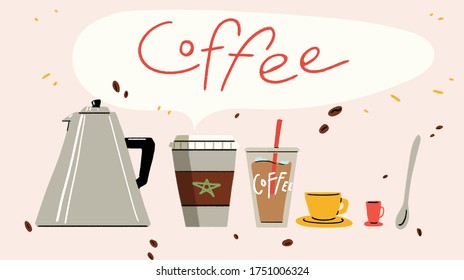  la ilustración de diferentes cafés y algunos utensilios, se puede usar para carteles, gráficos o animación.