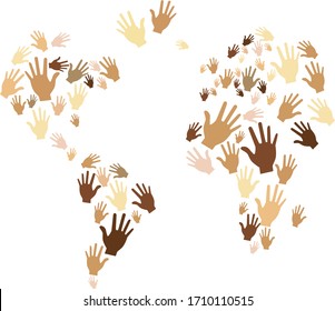 Illustration of different colored hands forming the world. Vector image with transparent background. 