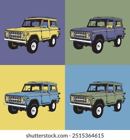 Illustration of different colored off-road vehicles on colored backgrounds