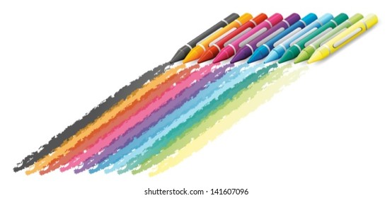 Illustration of the different colorful crayons on a white background
