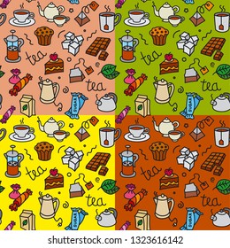 illustration of different desserts and tea seamless pattern