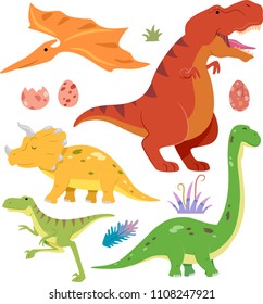 Illustration of Different Dinosaurs from Tyrannosaurus Rex, Brontosaurus, Pterodactyl, Triceratops and Deinonychus with Eggs and Plants