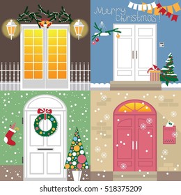 illustration of different doors are decorated with new year and Christmas