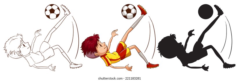 Ilustración de un dibujo diferente de un niño jugando fútbol