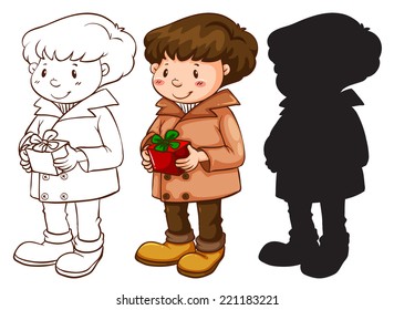 Ilustración de diferentes dibujos de un hombre con regalo