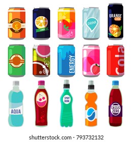 Illustration of different drinks in metallic cans and bottles. Vector pictures in retro style. Bottle aluminum with fresh energy beverage