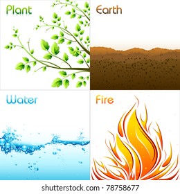 illustration of different elements of earth including plant,earth,water and fire