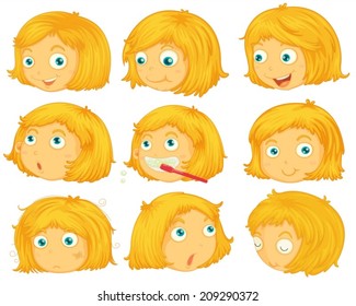 Ilustração de diferentes emoções de uma menina de cabelo loira