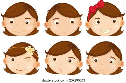 Illustration of different emotions of a brown hair girl