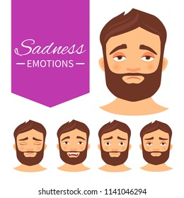 Illustration with different emotions. A man with a beard. A cartoon character. Sadness.