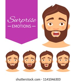 Illustration with different emotions. A man with a beard. A cartoon character. Surprise..