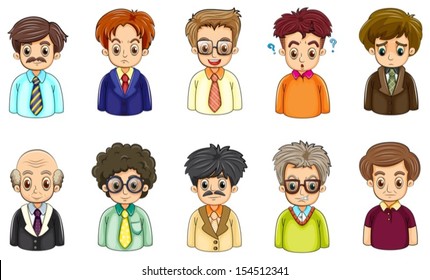 Illustration of the different faces of businessmen on a white background