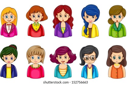 Illustration of the different faces of the businesswomen on a white background