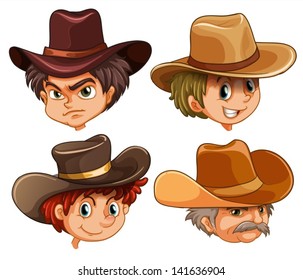 Illustration of the different faces of four cowboys on a white background