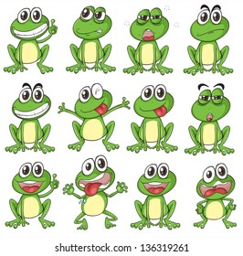 Illustration of the different faces of a frog on a white background