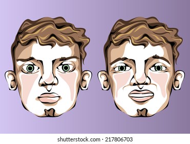 Illustration of different facial expressions of a man with curly hair and a small beard.