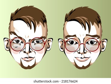 Illustration of different facial expressions of a man with brown hair, round glasses with a beard