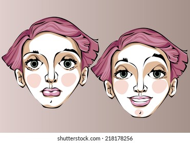 Illustration of different facial expressions of a woman with pink straight hair.