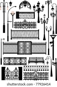 illustration with different fences and street lamps