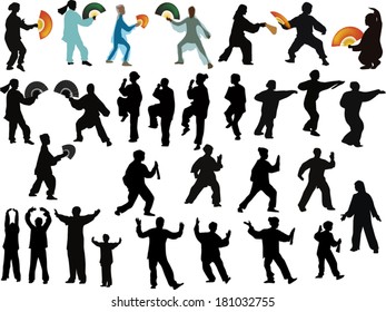illustration with different fighter silhouettes isolated on white background