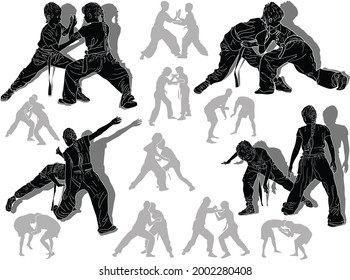 illustration with different fighter silhouettes isolated on white background
