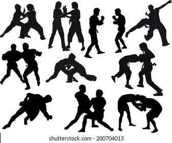illustration with different fighter silhouettes isolated on white background