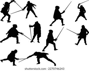 illustration with different fighter silhouettes isolated on white background