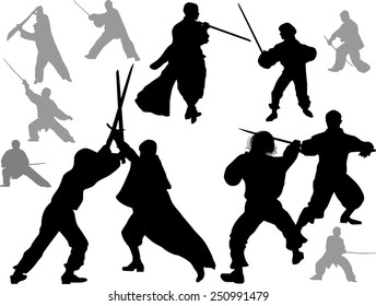 illustration with different fighter silhouettes isolated on white background