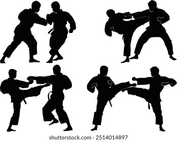 illustration with different fighter silhouettes isolated on white background