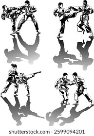 illustration with different fighter silhouettes isolated on white background
