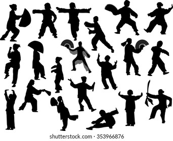 illustration with different fighter silhouettes isolated on white background